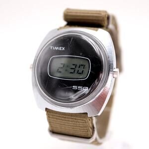 Vintage 70's Timex SSQ Digital Watch 37mm Green Nylon Strap WORKS w New Battery